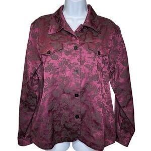Susan Graver Womens Burgundy Floral Jacquard Jacket Sz L Tapestry‎ Old Money